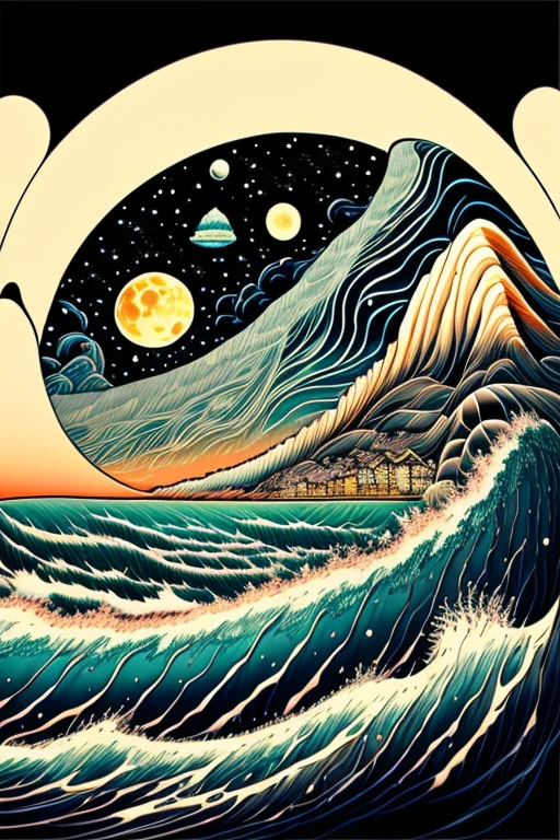 Intricate painting of a detailed ocean, Japanese, giant squid, by range murata, a big dark salmon moon in the background, night time, sparse clouds, Vivid colors, High contrast, mountain scape, vector line art, trending in pixiv, anime concept art, awesome, Matte, hiquality, edge-to-edge, by Van Gogh