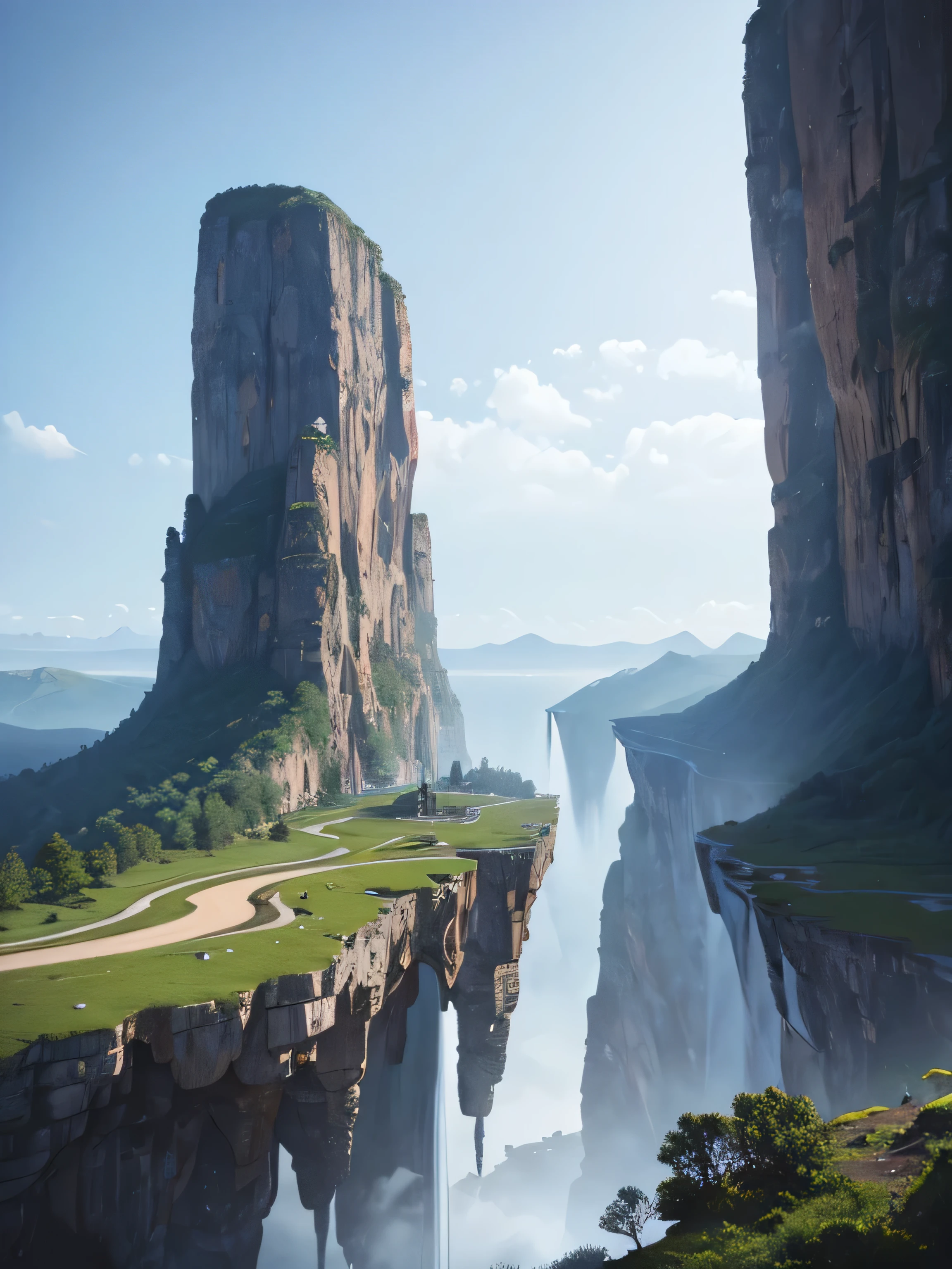 a cliff overlooking a waterfall, several arch-shaped stones at the top, matte painting 8k, matte paint 8K, vertical wallpaper 8K, vertical wallpaper 8K, vertical wallpaper 4K, vertical wallpaper 4K, lost series, realistic fantasy rendering, digital painting with 8K resolution, digital painting with 8K resolution, Jessica Rossier fantasy art, 4K rendered matte paint, 3D rendered matte paint