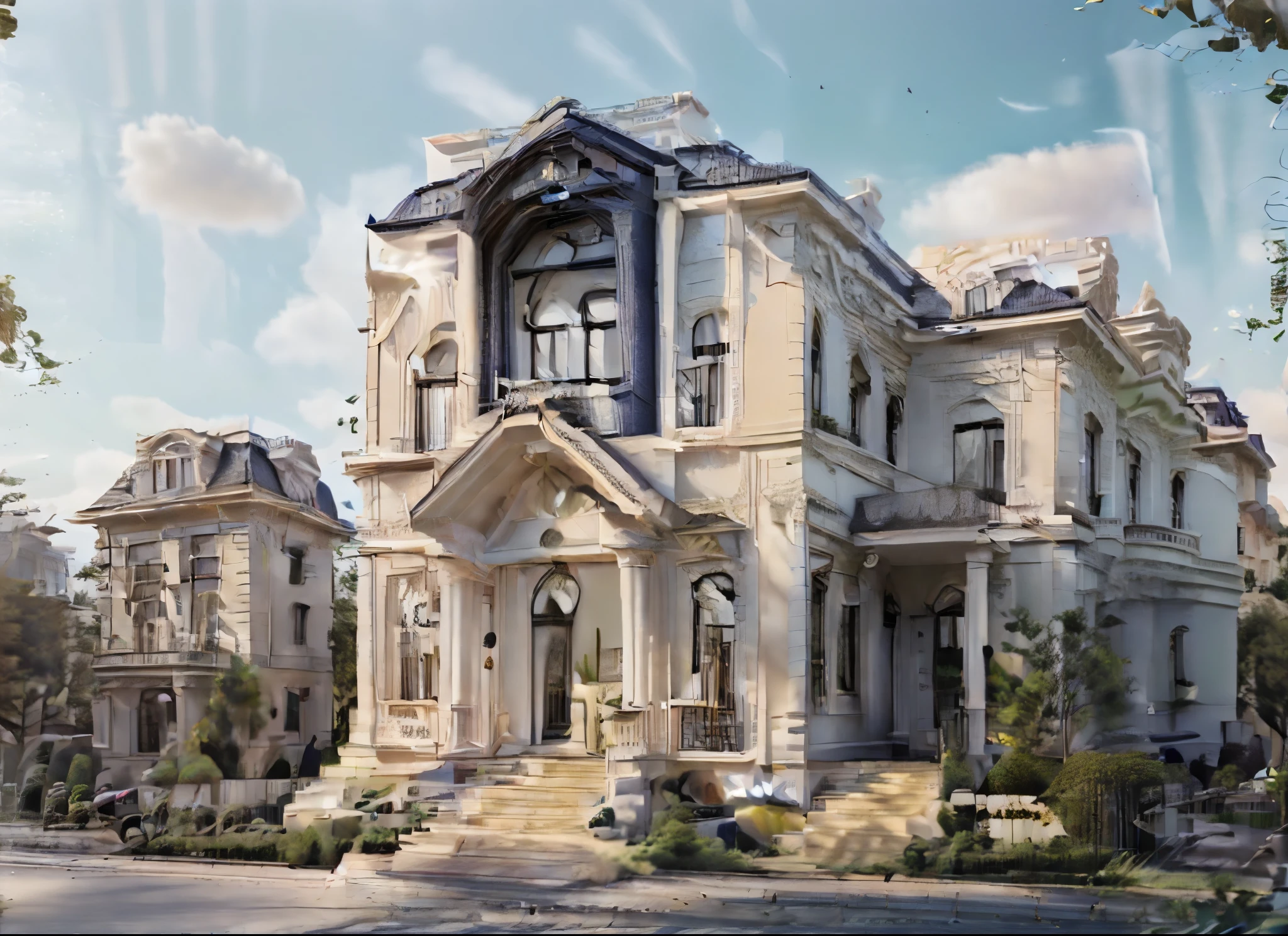 classical, masterpiece, (photorealistic:1.2), best quality, ultra high res, exterior,architechture,modern house,white wall, glass windows,,trees,traffic road,design,trees around, blue sky,in the style of realistic hyper-detailed rendering, 32k uhd, luxury neoclassical villa, in the style of neoclassical scenes, hallyu, white, (dark navy roof:1.2), daylight, decorative art nouveau, les nabis, masterpiece,ultra realistic,32k,extremely detailed CG unity 8k wallpaper, best quality