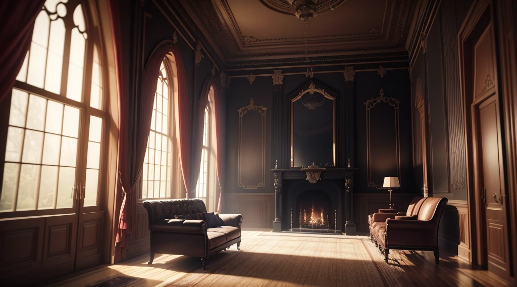 Western-style living room in the depths of a dark and mysterious forest、Old sofa、Old-fashioned luxury interior、Magical、, interior architecture, Gothic art, Verism, first-person view, from outside, Canon, super detail, high quality, highres, 8k, best quality