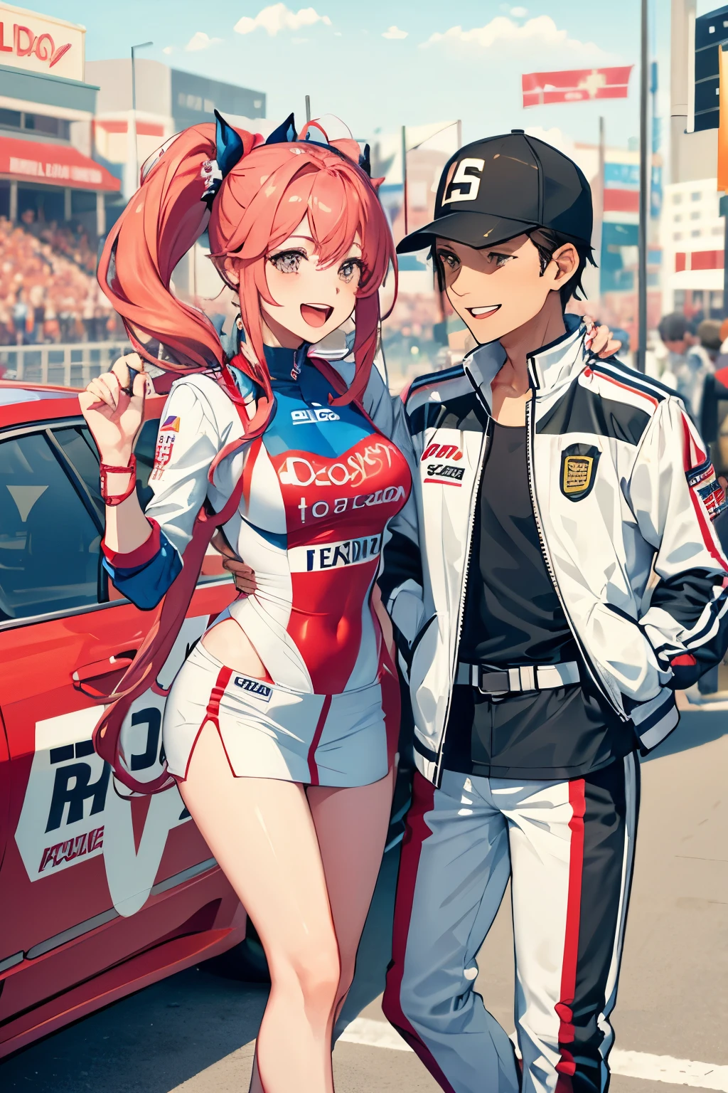 A couple (male and female), racing, female wearing racing queen outfit, bring a pole with a flag, racing outfit,happy,laugh,happy_atmosphere,landscape