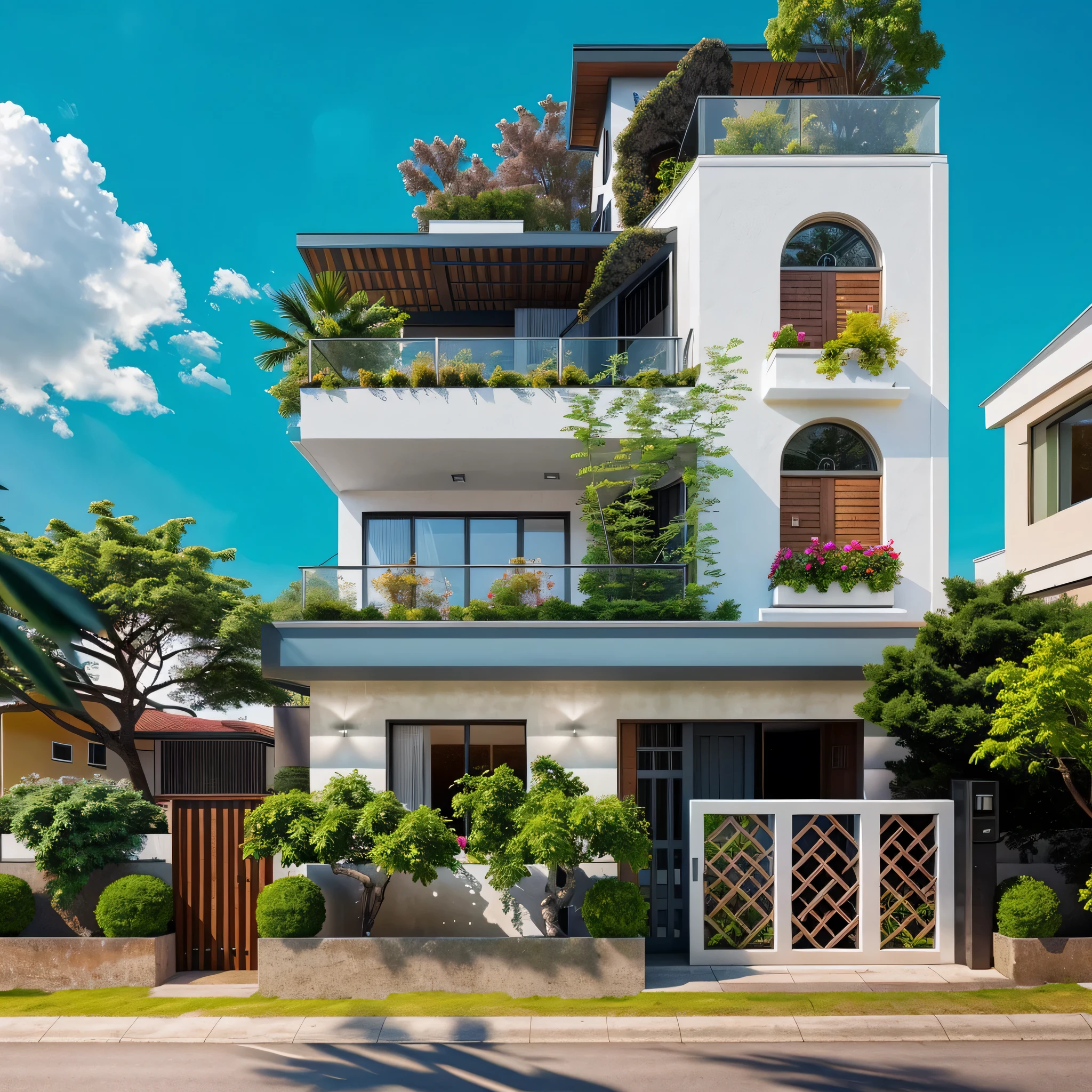 dvArchModern, 85mm, f1.8, portrait, photo realistic, hyperrealistic, orante, super detailed, intricate, dramatic, sunlight lighting, shadows, high dynamic range, house, masterpiece,best quality,(8k, RAW photo:1.2),(( ultra realistic)), modernvilla, blackandwhite, trees, vine, architecture, building, cloud, vivid colour, masterpiece,best quality,super detailed,realistic,photorealistic, 8k, sharp focus, a photo of a building
