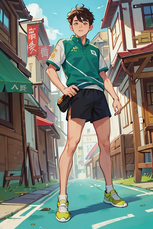 Best quality at best, 超高分辨率, a city dweller in sportswear，Homem de meia idade，Stand up，looking to the camera，Face the lenull bodyesbian，Expose your feet，frontage，2d，background green