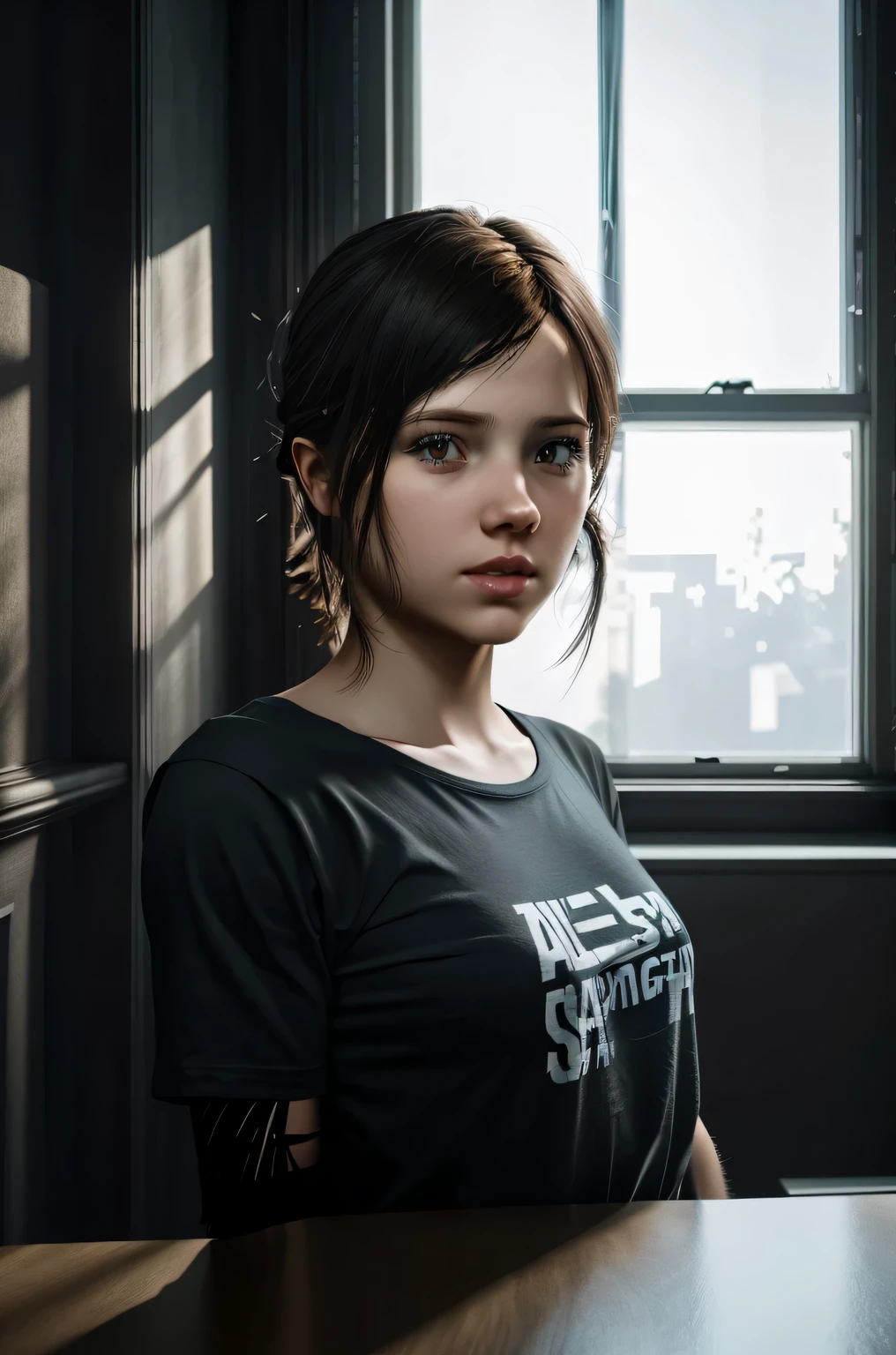 ung girl, wearing t-shirt from Ellie from 'The last of us', (best quality:1) , (masterpiece:1), (ultra detailed:1), photorealism, upper body, (looking at viewer:1.1), (indoors, night, darkness, dark room:1.2)