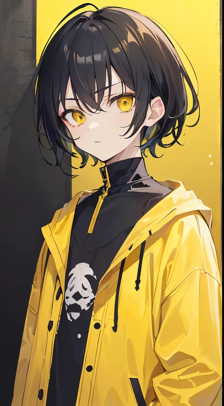 ((Best Quality)), ((masutepiece)), ((Perfect face)), ), ((cool expression)), ((A dark-haired)), ((Yellow inner color)), ((cute face boy)), ((black, yellow is the image color)), ((face pic up Only)), ((twinks)), ((Calm)), ((bangss)), ((despise)), ((simple)), ((one boy)), ((looking at the camera), ((Fashionable clothes)), ((front))