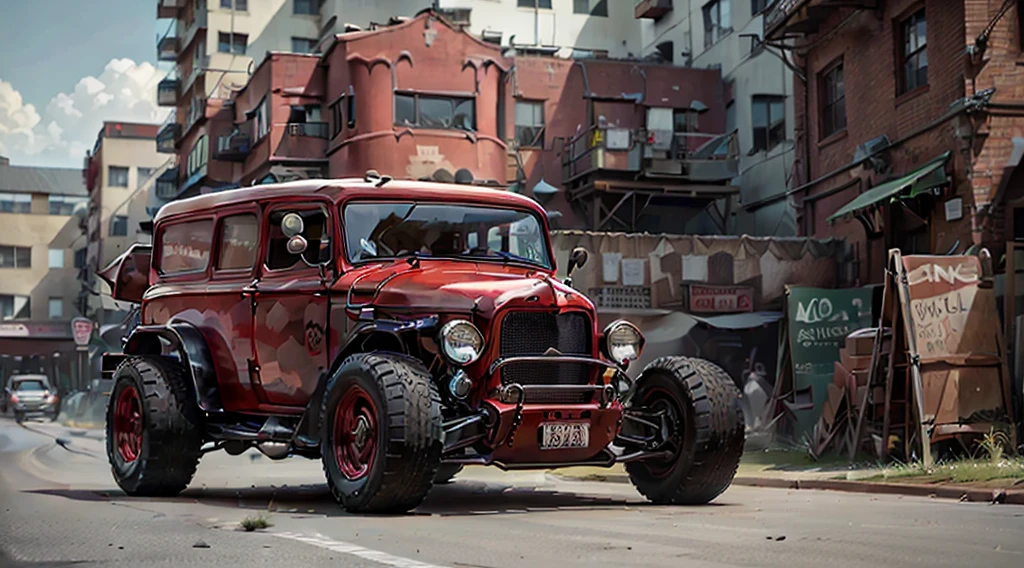 there is a old red truck parked in front of a building, restomod, ford model t, classic cars, 1929, 1 9 2 9, black steel with red trim, classic car, 2 0 1 2, 2012, red car, vintage cars, desktop background, vehicle photography, vintage car, three-quarter body