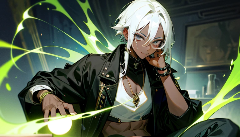 (high resolution), (best quality), (masterpiece), ((HD, 4K)), detailed, ultra detail, intricate detail, androgenous, ((slime-creature)), ((solo_focused)), ((plasmoid)), ((male/female)), silver hair, short hair, mature, handsome, beautiful, ((full body)), toned body, looking at viewer, armored, cocky, closed_mouth, exuding a dark aura, (topwear:(trench coat)), (black shirt), ((bottomwear:(pants:brown)), simple background, smirking, hunter outfit
