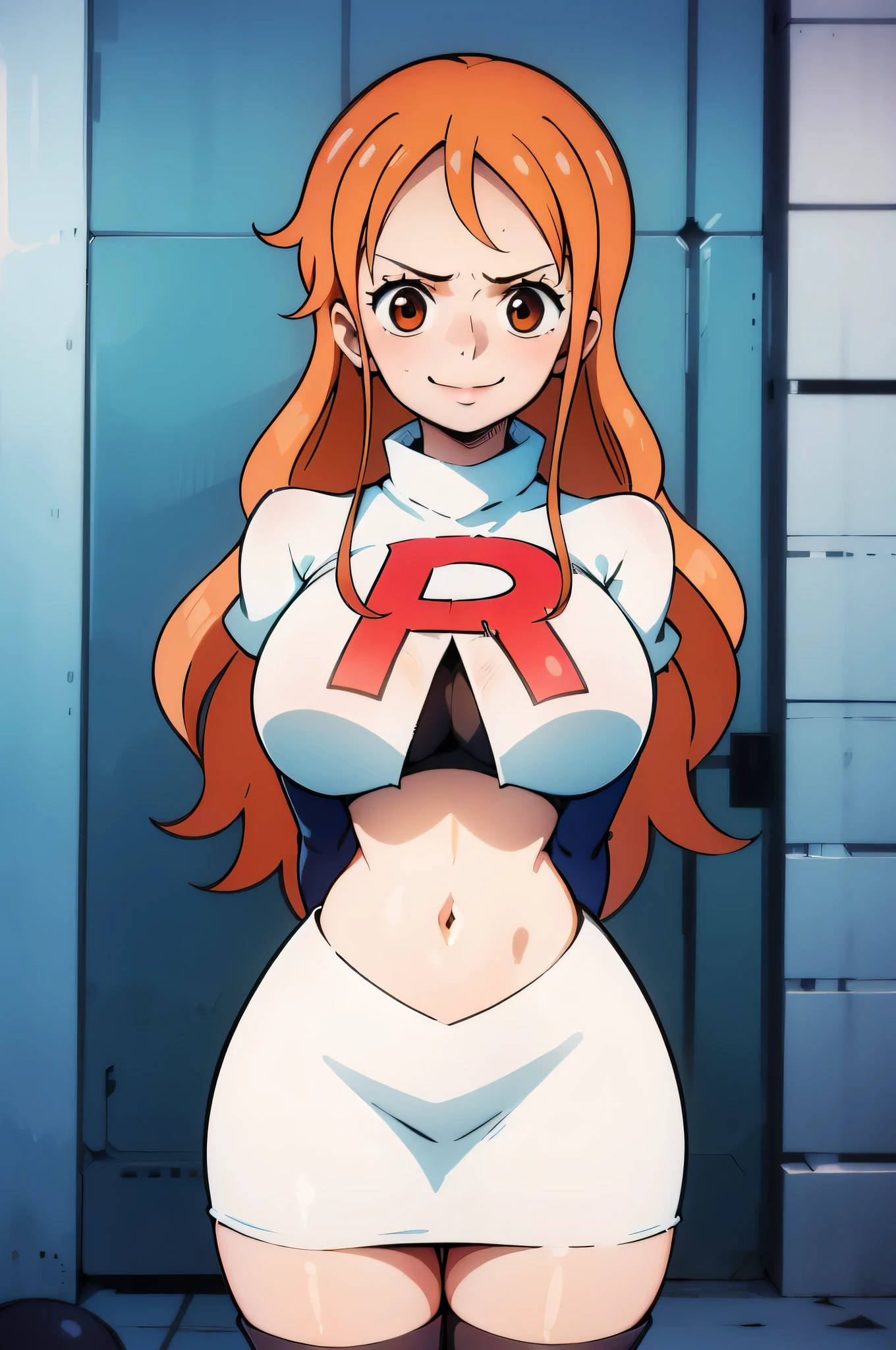 orange hair, long hair ,glossy lips, light makeup ,team rocket,team rocket uniform, red letter R, white skirt,white crop top,black thigh-high boots, black elbow gloves, evil smile, closed mouth, arms behind back