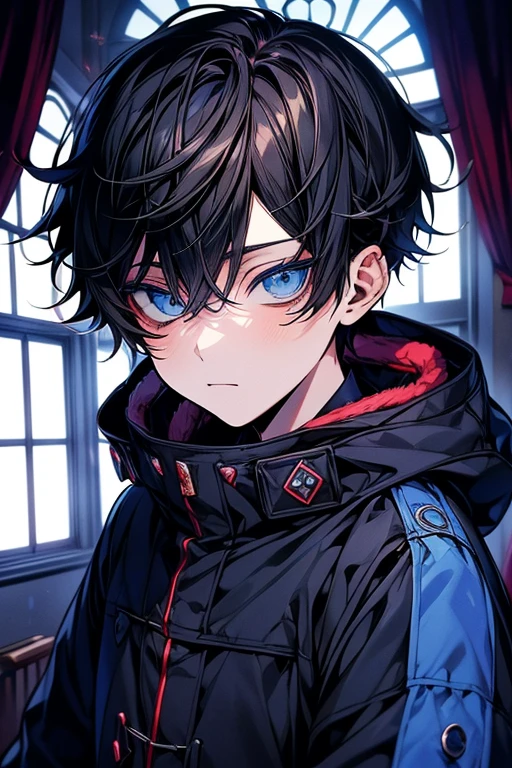 (masutepiece), (Best Quality), Highly detailed, 1 boy, Solo Focus，Perfect face, Beautiful face, extra detailed face，(A dark-haired:1.3)，(blue eyess:1.3)，Boy's room，head phone，drapes，personal computers，a bed，window，(parka:1.4)