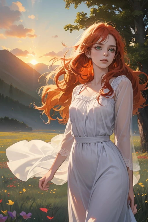 masterpiece, best quality, realistic, 1woman, mature female, beautiful, 25 years old, extremely detailed face, ((green eyes)), ((long red-orange hair, long wavy hair, hair wet from rain), , citizen, ((wearing white nightgown, soaking wet)), cinematic lighting, looking at the audience, posture dynamics, , Victorian era, detailed eyes, detailed face, high quality image, expression: determined, meadow, mountainside, trees, flowers, storm clouds, raining