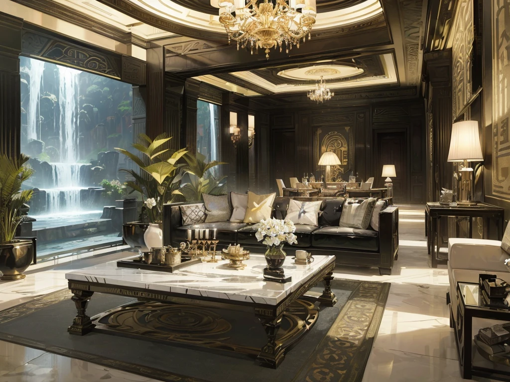 incredible luxurious futuristic living room interior in Ancient Egyptian style with many ((lush plants)) (lotus flowers), ((palm trees)), rocky walls, (sand), (waterfalls), (marble), ((precious minerals)), ((metals)), (gemstones), crystals, clouds and ((water)), (futuristic luxury furniture), crocodiles, ((hieroglyphics)), (((ultra luxury))), (black marble) – with ((beautiful lights)), Unreal Engine, HQ, 16k