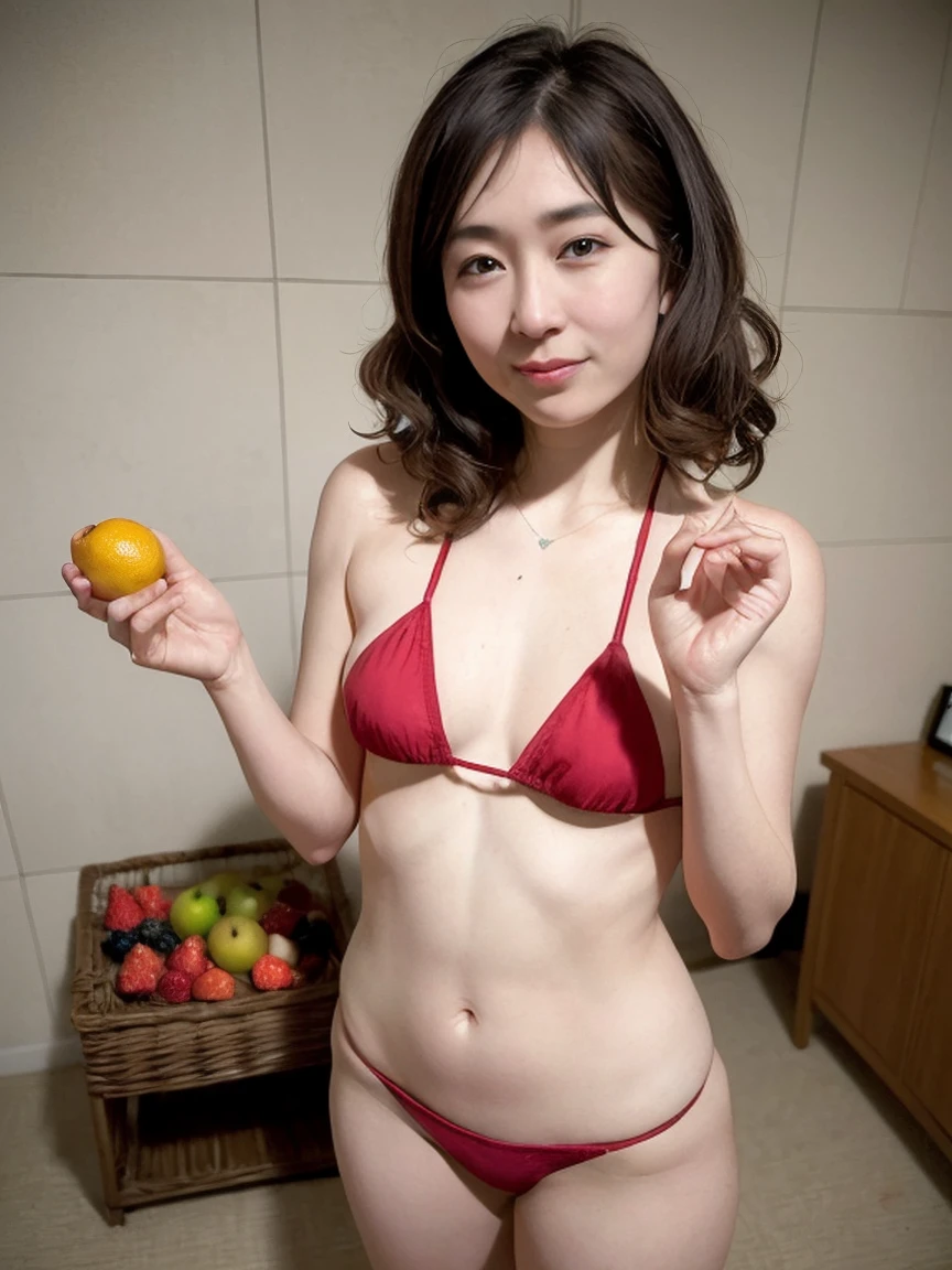 (high-level image quality、hightquality、hight resolution、​masterpiece、detaileds、Photographed using a strobe）、ssmile、light brown or blonde messy long curly hair、(Super Skinny Body:1.2)、(tiny chest:1.2)、(extra small micro bikini:1.2)、Show your side with one hand、holding a fruit in one hand、The pose is so cute and nice、(old apartment)、(A room with messy fruits scattered around:1.2)、(the walls are very dirty:1.2)