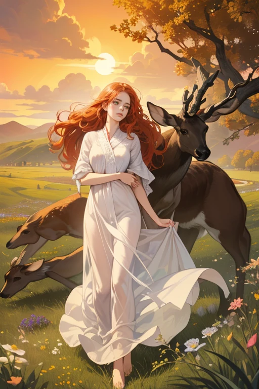 masterpiece, best quality, realistic, 1woman, mature female, beautiful, 25 years old, extremely detailed face, ((green eyes)), ((long red-orange hair, long wavy hair, swaying with the wind), , citizen, ((wearing white nightgown, wearing a shawl)), cinematic lighting, looking at the audience, posture dynamics, pose:wrapping her arms around herself, Victorian era, detailed eyes, detailed face, high quality image, expression: melancholy, meadow, mountainside, trees, flowers, deer in the background, sunrise, clouds