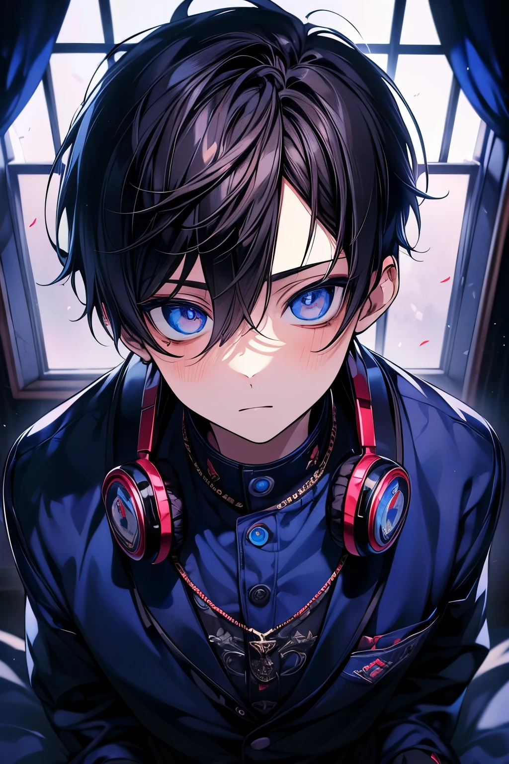 (masutepiece), (Best Quality), Highly detailed, 1 boy, Solo Focus,Perfect face, Beautiful face, extra detailed face,(A dark-haired:1.3),(blue eyess:1.3),Boy's room,head phone,drapes,personal computers,a bed,window,(swet:1.4)