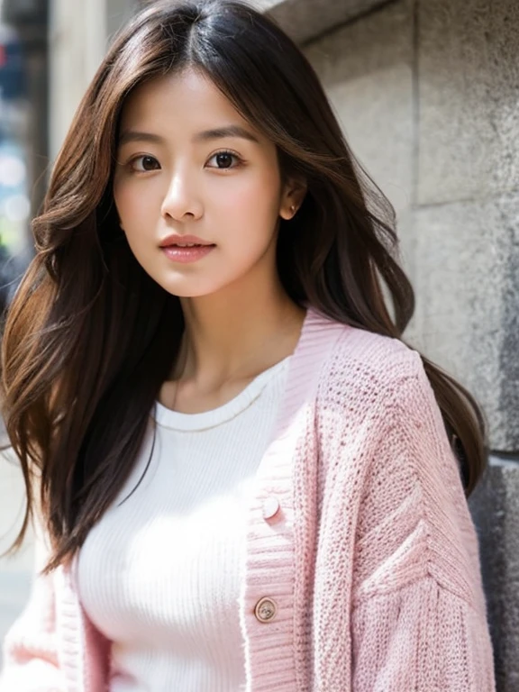 Please change this woman's style as follows. Her hair is in a ponytail, a white open-front blouse, and a pink lambswool cardigan.
The woman's occupation is a psychological counselor. Realistic, masterpiece, best quality