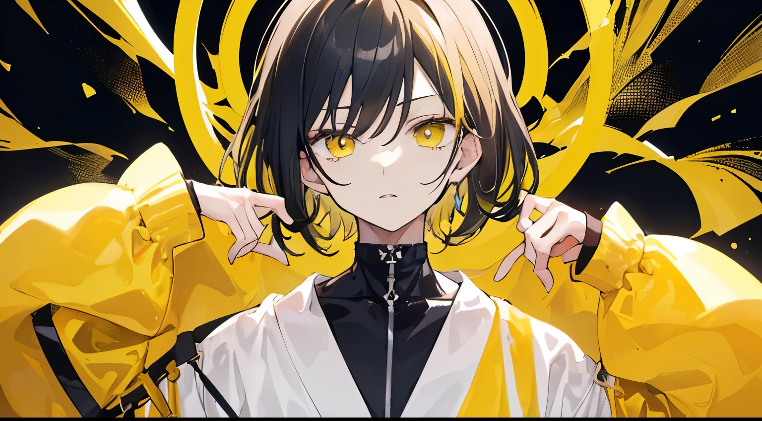((Best Quality)), ((masutepiece)), ((Perfect face)), ), ((cool expression)), ((A dark-haired)), ((Yellow inner color)), ((cute face)), ((black, yellow is the image color)), (only one person)), ((twinks)), ((Calm)), ((bangss)), ((despise)), ((simple)), ((one boy)), ((looking at the camera), ((Fashionable clothes)), ((front))
