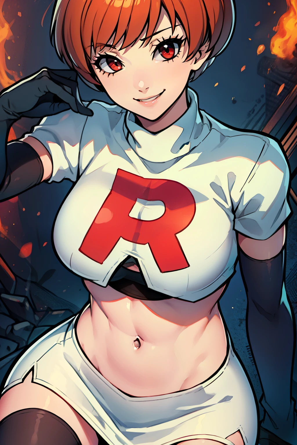 satonaka chie ,glossy lips, light makeup ,team rocket,team rocket uniform, red letter R, white skirt,white crop top,black thigh-high boots, black elbow gloves, evil smile