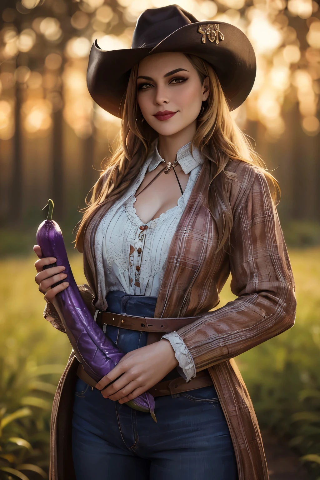 arafed woman in a cowboy hat holding a long long long dick shaped purple eggplant , beautiful cowboy witch, abigail from stardew valley, cowgirl, she is a gourd, in the countryside, western cowgirl, wearing farm clothes, by Jaroslava Korol, anna nikonova aka newmilky, liliana vess, realistic , 🐎🍑, gorgeous female, forest hunter lady, closed clothe