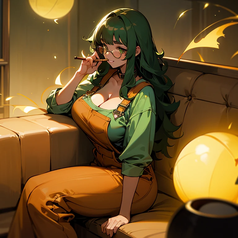 Dark Brown skin tanuki girl, brown skin green eyes, green long hair, curly green hair, 25 years old, chubby, curvy, fat, big butt, big breast, sitting seductively on couch,  girl, gold circle glasses , facing camera, explicit, overalls, overalls, flannel, collar on neck , grinning, cleavage showing, holding lit joint, lit cigar in hand, smoking, vfx, high def, best quality, high angle, atmospheric lighting, girly boy, surrounded by fireflies and yellow magic