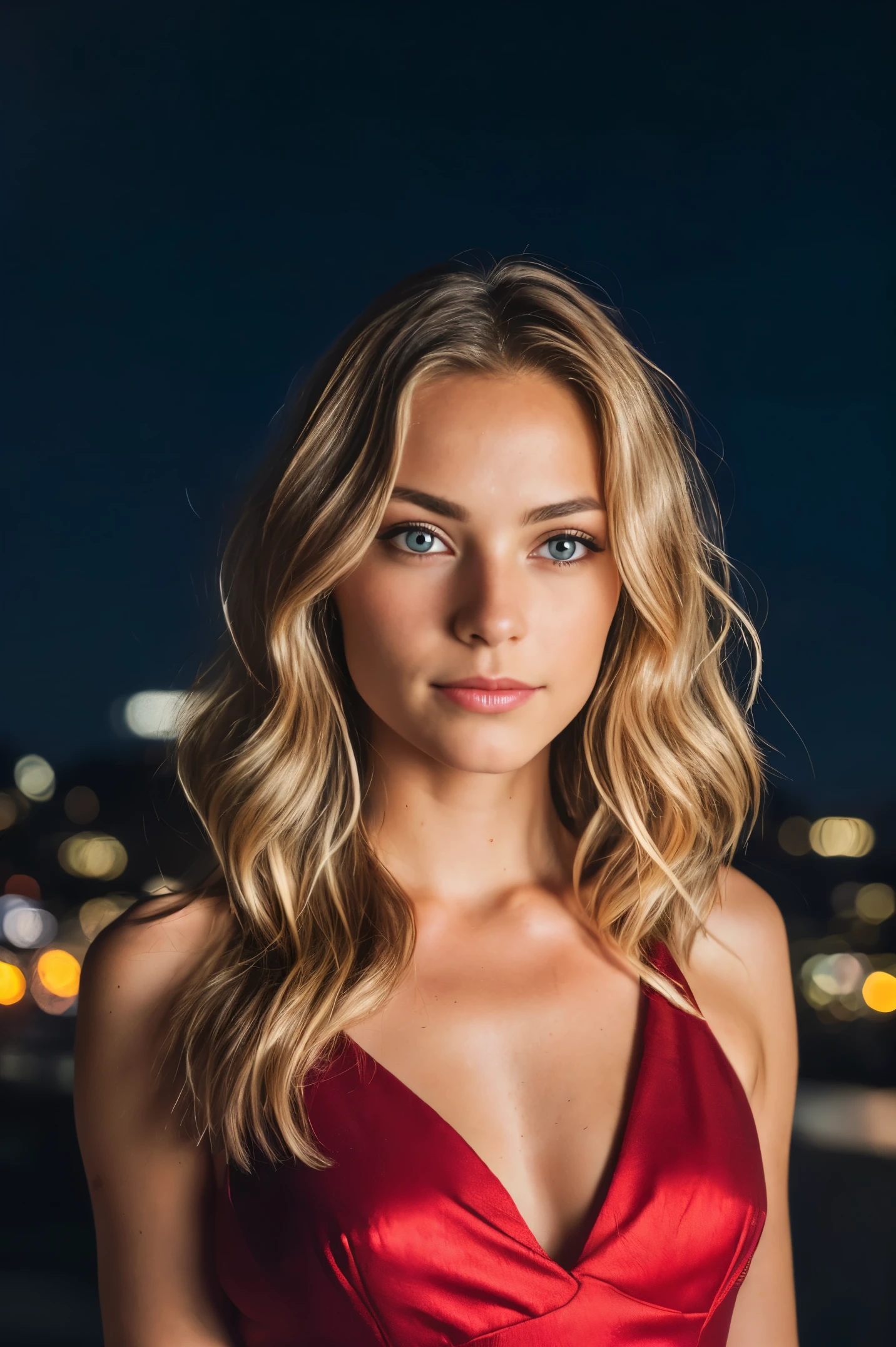 RAW uhd closeup portrait of a 24-year-old blonde, natural blonde hair, locks, wavy, (brown-eyed woman) in an apartment, new york background, night starry sky, ,breasts naturai, city night background, (red summer dress), (neckline), detailed (textures!, hair!, brightness, color!, imperfections:1.1), highly detailed bright eyes, (looking at the camera),  specular lighting, dslr, ultra quality, sharp focus, sharp, dof, film grain, (centered), Fujifilm XT3, crystal clear, center of frame, cute face, sharp focus, light pole, neon lights, bokeh, (dimly lit), low key, at night, (night sky)