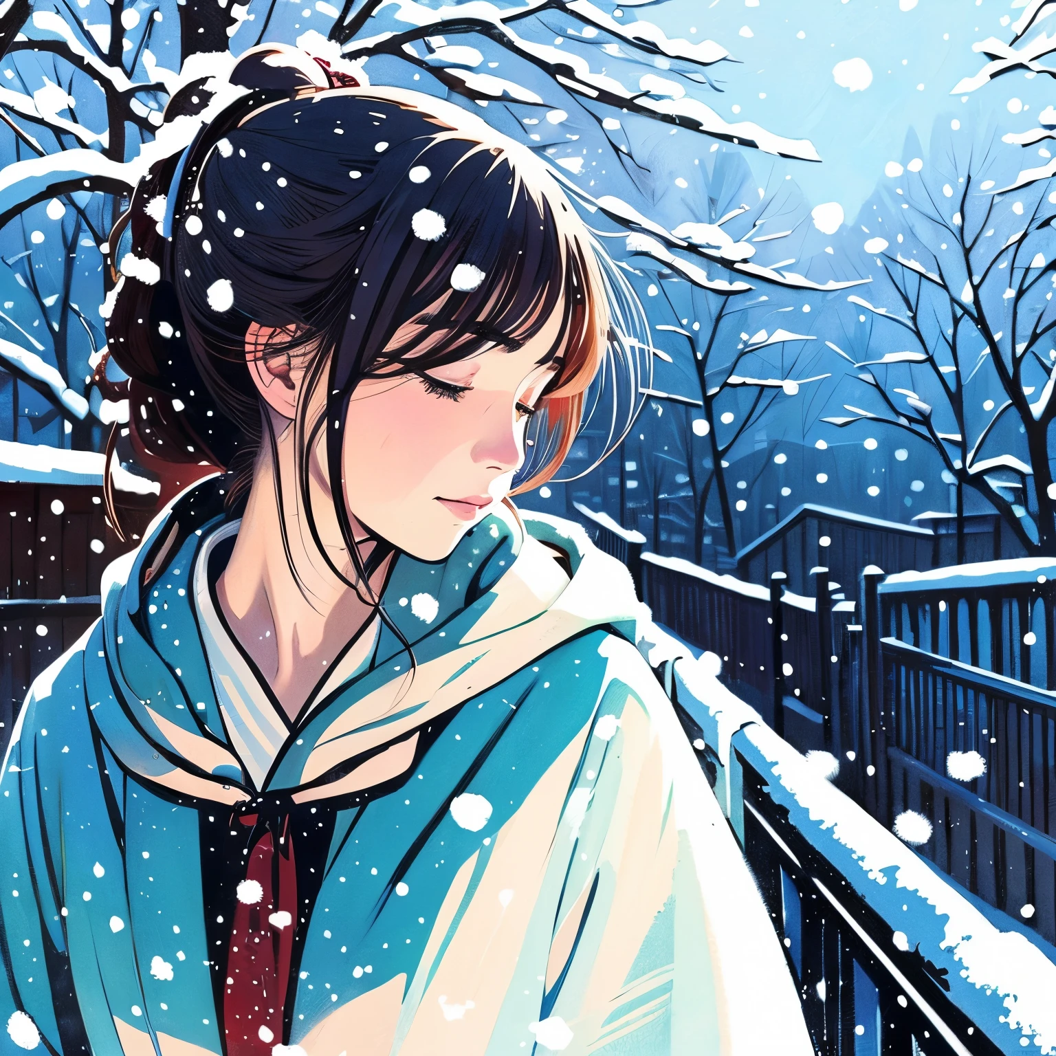 Illustration style、Showa Anime、ukiyoe painting、Woman、(Snow)、((Sensitive))、Sad emotions
