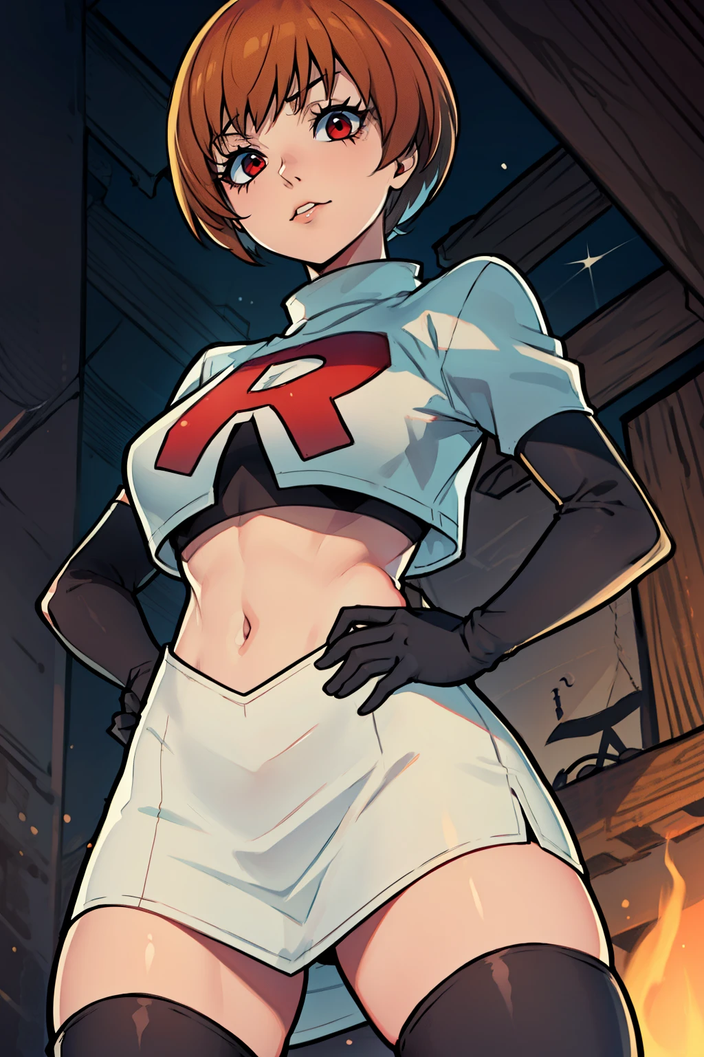 satonaka chie ,glossy lips, light makeup ,team rocket,team rocket uniform, red letter R, white skirt,white crop top,black thigh-high boots, black elbow gloves, sinister villianess look, looking down on viewer, hands on hips