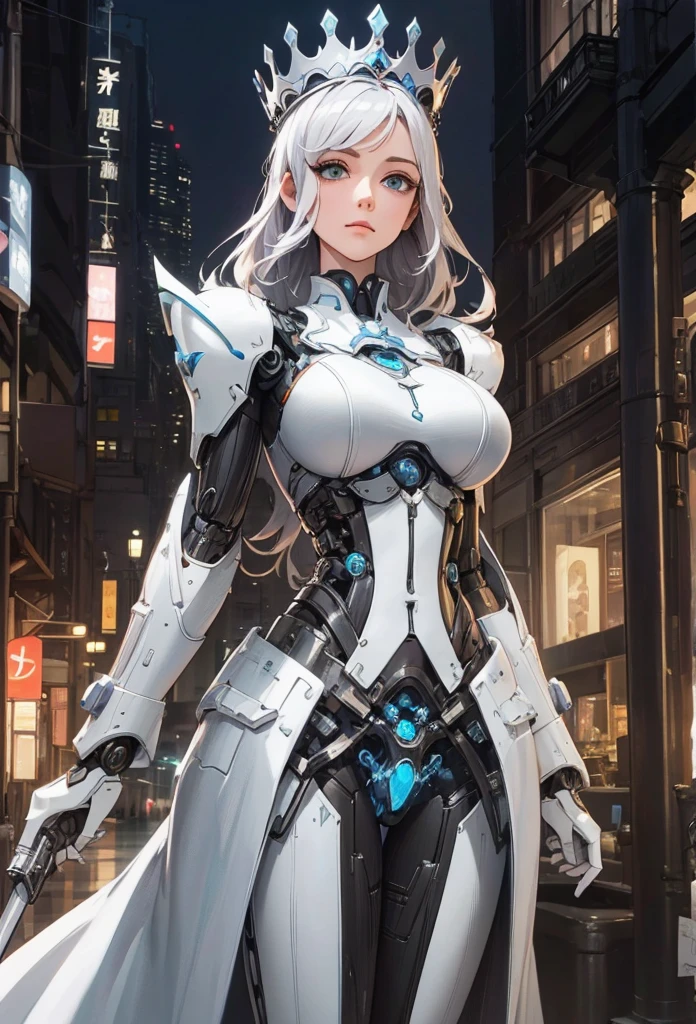 (Detailed illustrations,Very detailed and detailed drawing,Delicate lines with slow and rapid,Realistic texture expression),[Color tressed main line],[Modern city skyscrapers background],(ANIME)(A pure white GIANTROBOT Girl towering over the building area(SKINNY[SLENDER])),[AUTOMATON](A painstaking face like a sculpture[METALFACE[青白く発光するJewel-like eyes]])[(MACHINEKNIGHT)[Titanium internal skeleton](Delicate thin fingers)]],((Elegant exterior with many curved surfaces [smooth body surface])(large crown [[large raised shoulder pad]](Ruffle Petticoat))),[TITANWEAPON[It is called the princess lily of white porcelain]Mecha Body[Metal skin][Cable running down the body surface[gear wheel]]],[Platinum coating],[科幻小说(Electromechanical)[Steampunk]],([beautiful and artistic decoration][Dense detail [White lily pattern]])[Transparency],(detaileds,high-detail),(Precisely drawn face[(Perfect and beautiful face)[Jewel-like eyes]]),[long and beautiful eyelashes],[Meticulously drawn hair [美しく艷やかな髪のdetaileds]],(完璧な手のdetaileds [Beautiful fingers without breakdowns [Beautiful nails]]),(Perfect Anatomy(Perfectly proportioned)),[Ideal color coordination(Accurate simulation of light-material interactions)],([Precision Detail](detaileds,high-detail)),(Huge feeling[Total length 40 meters])[[Full body like]][Visual art that conveys a sense of narrative].