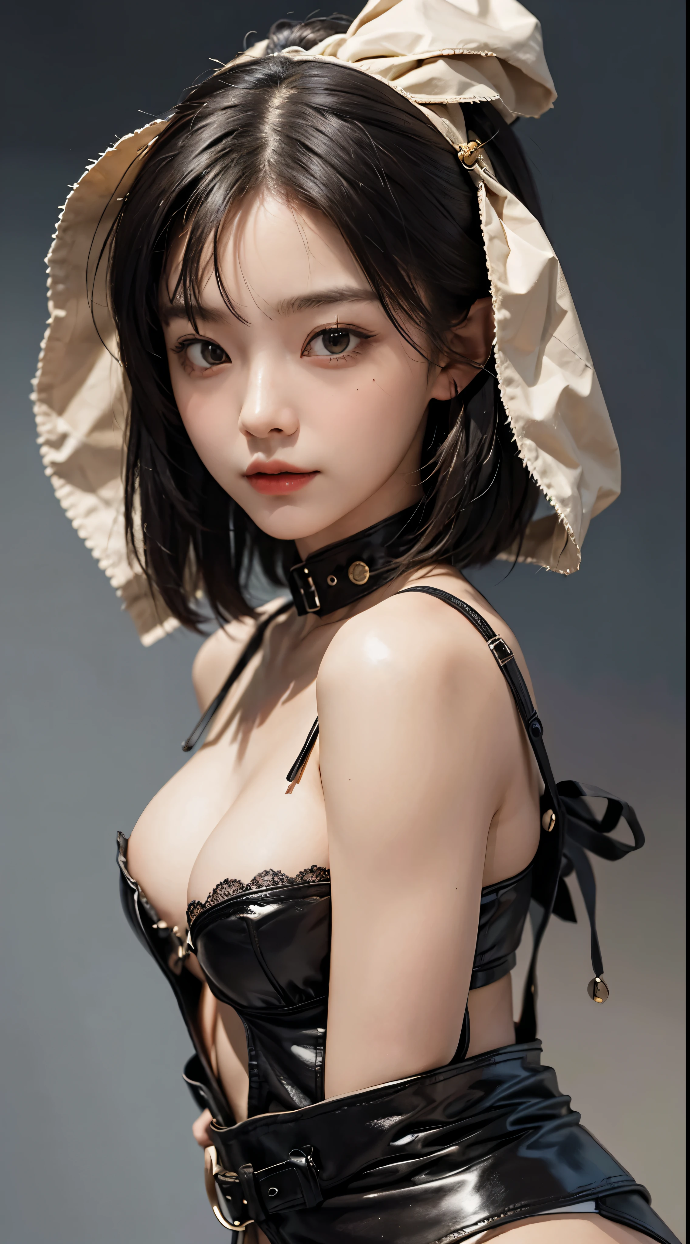 (top-quality, ​masterpiece: 1.1), (fidelity: 1.4), 1girl in, The upper part of the body, Bery short hair, studio,BDSM,Slave,Black corset,束缚,slavery,Slaves首輪,Slaves,pantiy,bound woman,両手をbound woman, silber hair, Red braid