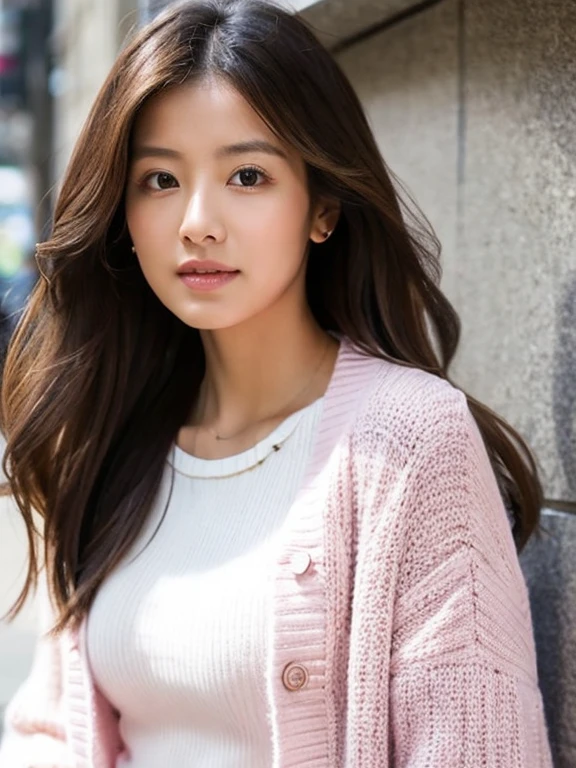 Please change this woman's style as follows. Her hair is in a ponytail, a white open-front blouse, and a pink lambswool cardigan.
The woman's occupation is a psychological counselor. Realistic, masterpiece, best quality