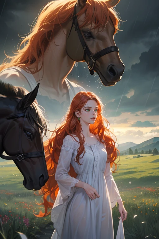 masterpiece, best quality, realistic, 1woman, mature female, beautiful, 25 years old, extremely detailed face, ((green eyes)), ((long red-orange hair, long wavy hair, hair wet from rain), , citizen, ((wearing white nightgown, soaking wet)), cinematic lighting, looking at the audience, posture dynamics, , Victorian era, detailed eyes, detailed face, high quality image, expression: determined, meadow, mountainside, dark atmosphere, black horse with bat wings, trees, flowers, storm clouds, raining
