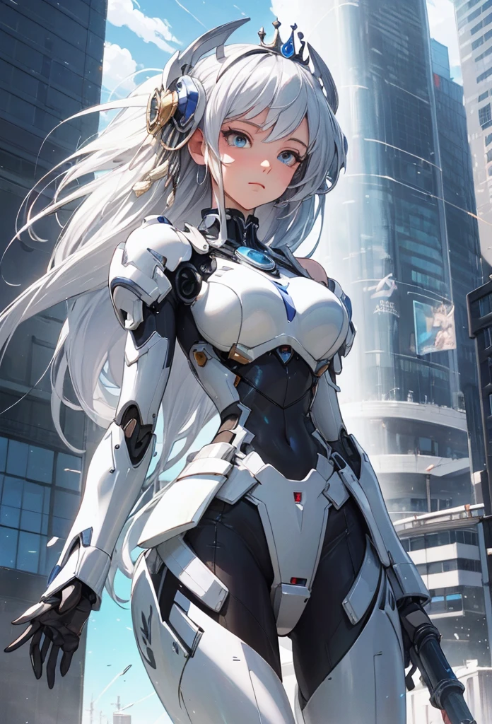 (Detailed illustrations,Very detailed and detailed drawing,Delicate lines with slow and rapid,Realistic texture expression),[Color tressed main line],[Modern city skyscrapers background],(ANIME)(A pure white GIANTROBOT Girl towering over the building area(SKINNY[SLENDER])),[AUTOMATON](A painstaking face like a sculpture[METALFACE[青白く発光するJewel-like eyes]])[(MACHINEKNIGHT)[Titanium internal skeleton](Delicate thin fingers)]],((Elegant exterior with many curved surfaces [smooth body surface])(large crown [[large raised shoulder pad]](Ruffle Petticoat))),[TITANWEAPON[It is called the princess lily of white porcelain]Mecha Body[Metal skin][Cable running down the body surface[gear wheel]]],[Platinum coating],[科幻小说(Electromechanical)[Steampunk]],([beautiful and artistic decoration][Dense detail [White lily pattern]])[Transparency],(detaileds,high-detail),(Precisely drawn face[(Perfect and beautiful face)[Jewel-like eyes]]),[long and beautiful eyelashes],[Meticulously drawn hair [美しく艷やかな髪のdetaileds]],(完璧な手のdetaileds [Beautiful fingers without breakdowns [Beautiful nails]]),(Perfect Anatomy(Perfectly proportioned)),[Ideal color coordination(Accurate simulation of light-material interactions)],([Precision Detail](detaileds,high-detail)),(Huge feeling[Total length 40 meters])[[Full body like]][Visual art that conveys a sense of narrative].