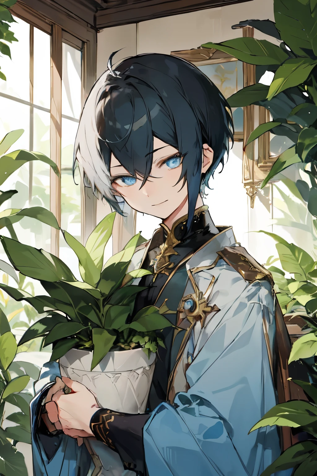 Anime - styled image of a man holding a plant in the room, keqing from Genshin impact, Genshin, beautiful androgynous prince, delicate androgynous prince, zhongli from Genshin impact, inspired by Bian Shoumin, Genshin impact character, tall anime man with blue eyes, guweiz on pixiv artstation, Tsuaii