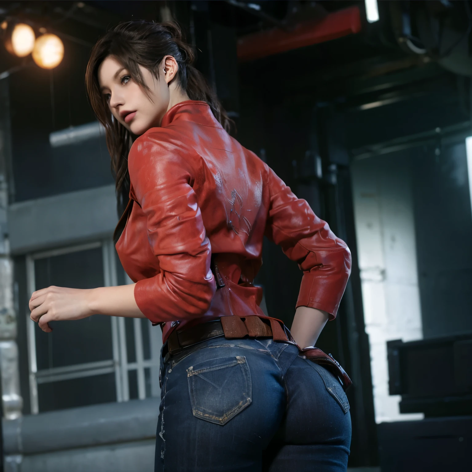 (masterpiece:1.2, Best Quality:1.2), ((Claire Redfield, super beautiful woman)), Resident evil, (Red jacket, White shirt, short jeans, torn jeans), (Colossal tits:1.5, Huge boobs:1.1, Huge breasts:1.2, gigantic cleavage breasts:1.1), (Detailed face, Detailed skin texture, Perfect slim body), (in abandoned convenience store:1.3), Night, Dark atmosphere, show her ass