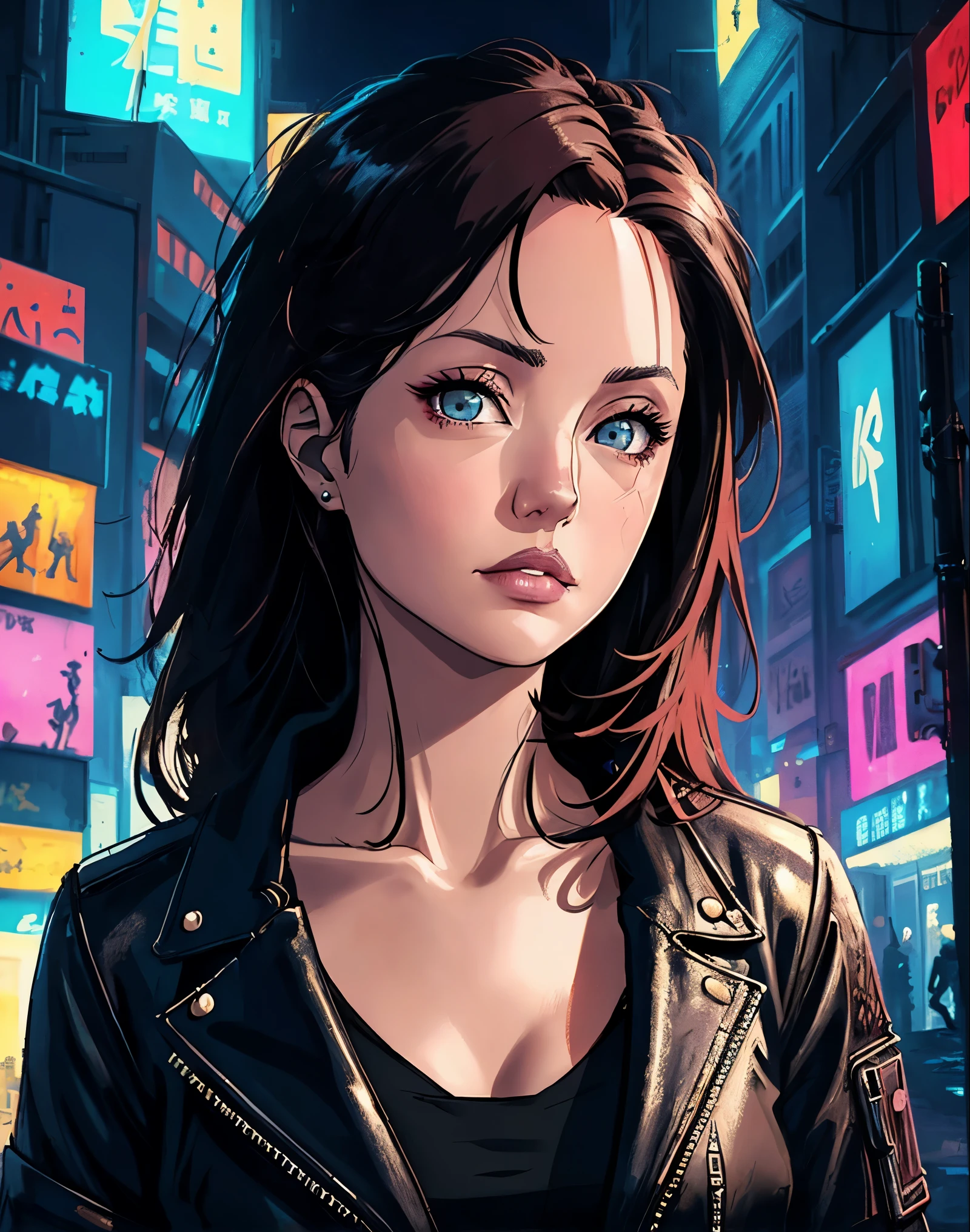 young Angelina Jolie, laughting, (looks askance at the camera: 1.4), close - up, (the night: 1.4), Night light, Darkness, hdr, detaled face, profile, Detailed leather, (low lighting: 1.3), Filmic, dramatic , (Cyberpunk metropolis:1.3), neonlight, Plunging neckline.Anime style