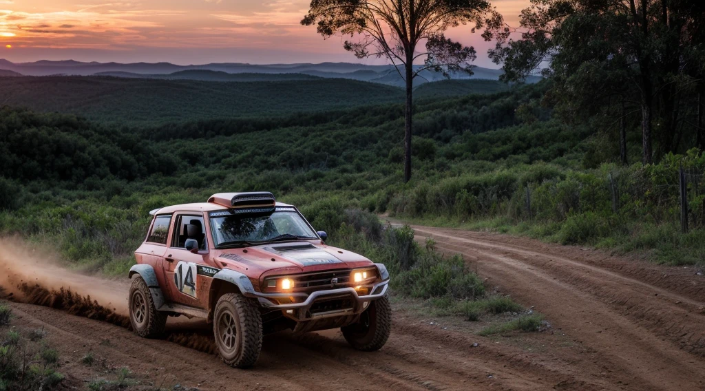 "A 4x4 rally car speeding on a rugged dirt track with small hills, slightly airborne. The road is surrounded by wire and wooden fencing, with lots of vegetation and trees. The scene is at sunset with a beautiful sunset glow, photographed by a professional photographer in high resolution, extremely realistic and detailed."