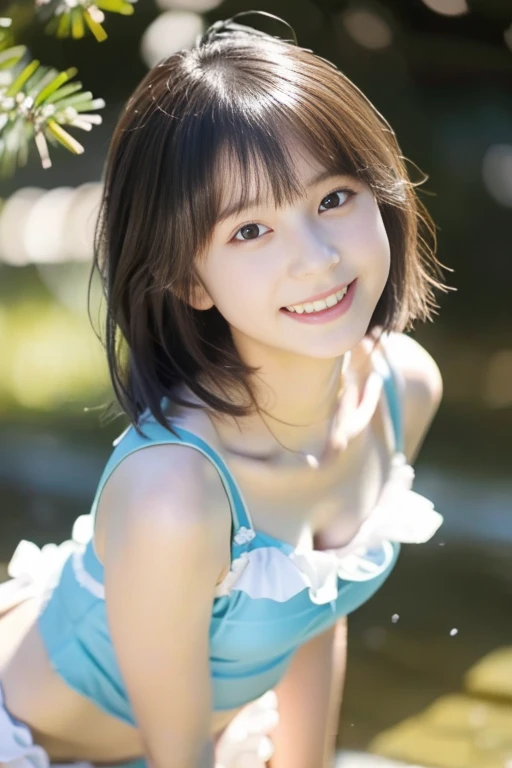 (((​masterpiece))), (((Full body photo)))， (One beautiful Japan girl, classmates, Innocence，kawaii) ，超A high resolution, Realistic, ultra-detailliert, 8K,top-quality, Extremely detailed, Detailed background,A slender,very beautiful japanese girl, (Detailed face:1.3), (Bery short hair，Cute Hair Ornament，A dark-haired :1.4), (a baby face，kawaii系,adorable 14 year old girl), (Perfect body:1.1), (Cute separate swimsuit with white frills), Gentle smile，Show your beautiful teeth,((Focus on the crotch))，Poses with movement，rosy cheeks，Super Detailed Face、Detailed lips、A detailed eye、small gravure idol，Transparent skin、Lori，Photorealistic:1.37，no-makeup，Neutral Lighting，in a pool,thin arm、