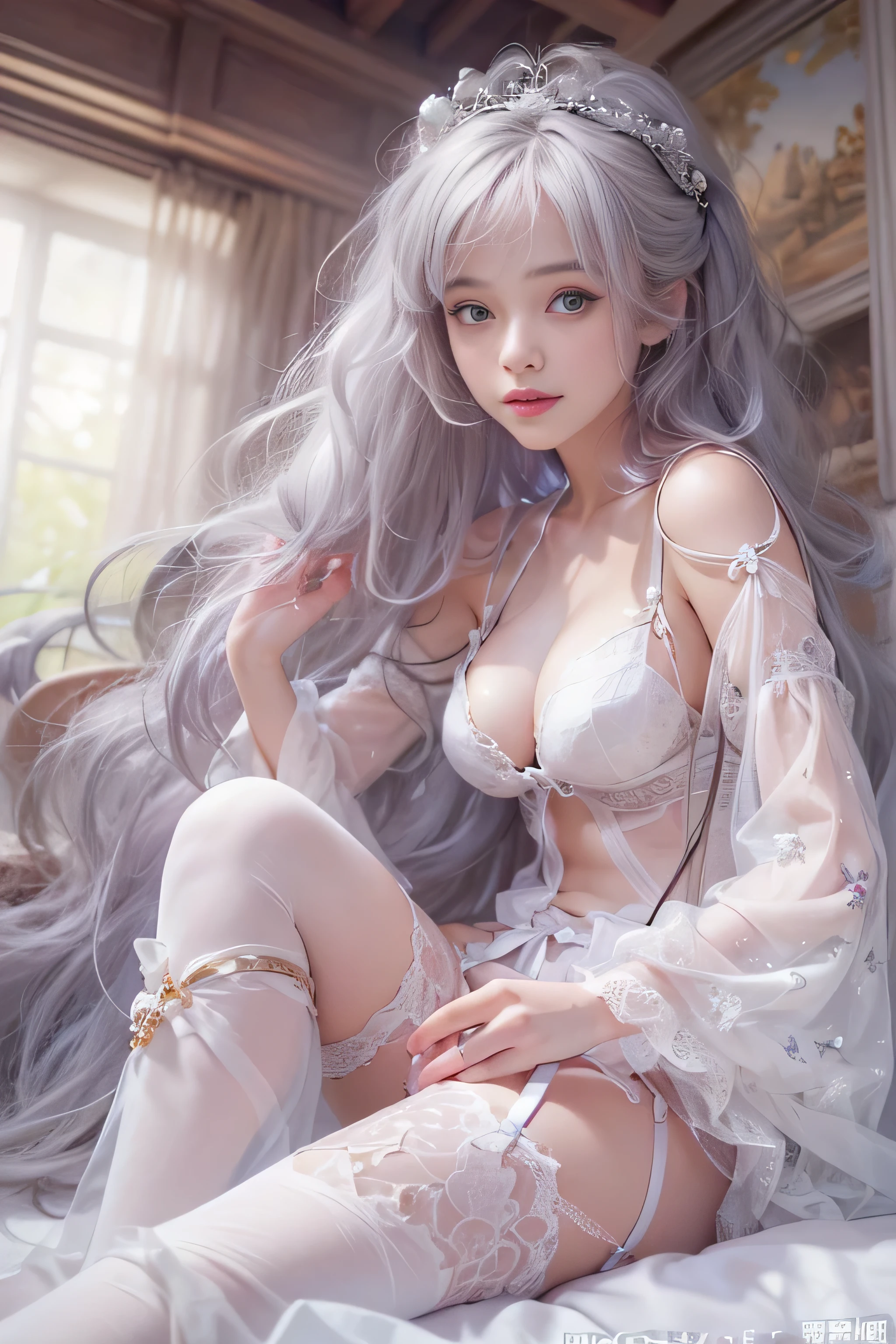 ((tmasterpiece:1.4)、(top-quality:1.4)、(reallistic:1.7))、By Luis Royo（By Luis Royo）Surreal portrait of a beautiful girl、Super beautiful girl、((1girl in:1.4))、Shiny natural skin texture、authority luis royo（By Luis Royo）、age19、(Two arms:1.4、Two legs:1.4)、(perfect anatomia:1.4)、(完璧な女性のBody:1.4)、Portrait of a girl、接写Body撮影ティナステピース:1.4), (top-qualityの:1.4), (Realistic:1.7), By Luis Royo, Beautiful Girl, Super beautiful girl, ((1girl in:1. 4), Shiny natural skin texture, authority luis royo, age19の, (完璧な女性のBody: 1.4), (完璧な女性のBody: 1.) 4), Portrait of a girl, a closeup、Body）, Fantasy Art, Soft front light, Beautiful expression, Kawaii face, Beautiful breasts, Large Full Breasted: 1. 2, Beautiful buttocks, Fine eyes, Clear and eye-catching, beautiful and alluring, Beautiful eyes, thin waist, Unripe, Red lips, ((White hair, Long hair)) , 1 Screen View, ((Woman on all fours on silk bed)), (sexyposture), (the milky way in the sky),((T-back panties))、((White garters and garter belts))、(A smile),((posterior view))、((Looks Back))、((Vaginal orchids)）、((The erection)）
