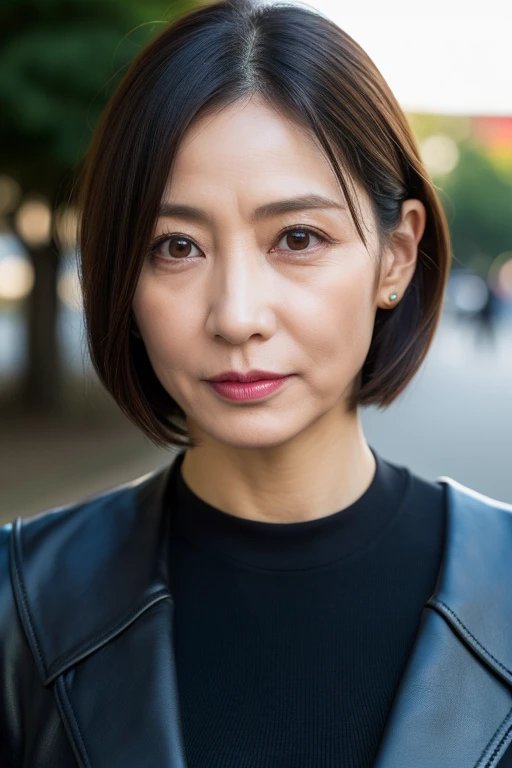 Best Quality, hight resolution, Hires, Skin definition, Detailed skin, Detailed eyes, Detailed face, 4K, 日本人A MILF, ((独奏)), (((50 years old))), (Wrinkles at the corners of the eyes:1.5), (nasolabial folds:1.5), A MILF, glamor, A sexy, Chromo-white skin, ((Wavy Shorthair)), Looking at Viewer,(((Aging skin:1.5))), ((loose muscles:1.5)), (((A slender))), (((Very large breasts:1.28))), ((Saggy udder)), (Saggy buttocks), ((Japanese Models)), 4K, (photoRealistic:1.5), Realistic, nffsw, Beautiful, Bimbo, Perfect makeup, small diamond necklace, piercings, ((Black leather bodysuit, long boots)), ssmile, Public places,Full body photo,