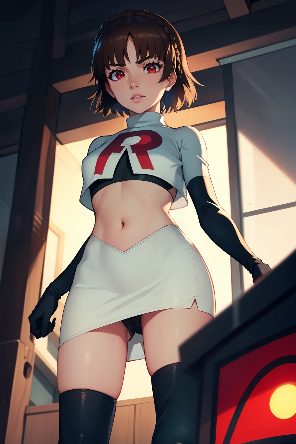makoto nijima, blunt bangs, braid, brown hair, crown braid, (red eyes:1.3), short hair, ,glossy lips, light makeup ,team rocket,team rocket uniform, red letter R, white skirt,white crop top,black thigh-high boots, black elbow gloves, sinister villianess look, looking down on viewer, pantie shot