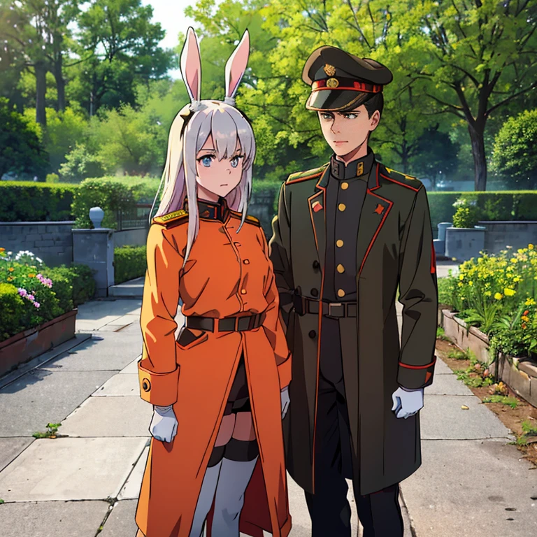 (a girl in a garden,illustration,detailed background,high quality,
vibrant colors,warm lighting)
(2 soldiers standing in front, military uniforms, military coats, Soviet style,
commissar, female, Frost Star, bunny ears;
1 soldier standing in front, military uniform, military coat, Soviet style,
commissar, young, male)
(a girl in a garden,illustration,detailed background,high quality,
vibrant colors,warm lighting)
(two individuals standing in front, wearing military uniforms and military coats in a Soviet style
One is a commissar, a female with bunny ears, known as Frost Star
The other is a young male commissar)