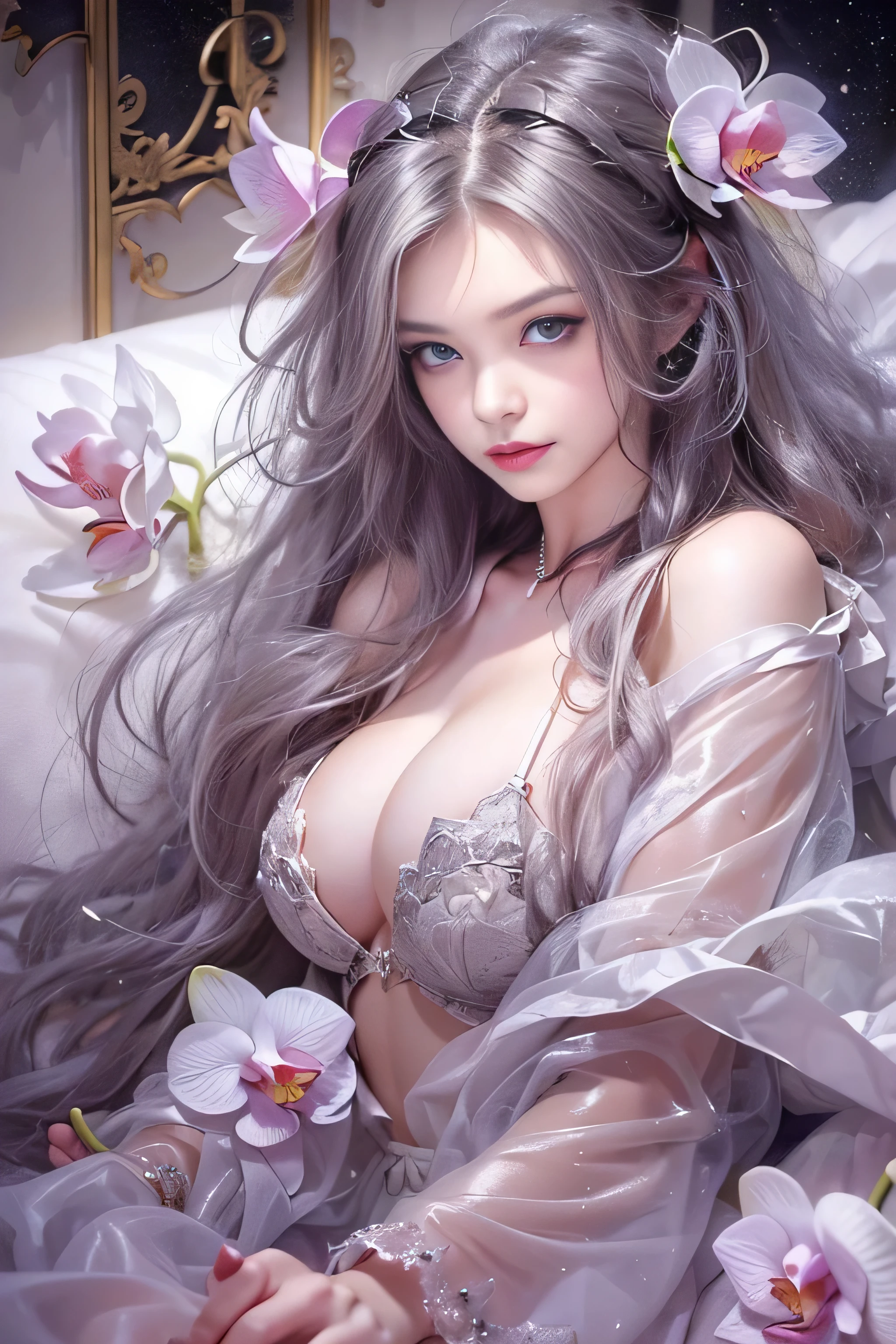 ((tmasterpiece:1.4)、(top-quality:1.4)、(reallistic:1.7))、By Luis Royo(By Luis Royo)Surreal portrait of a beautiful girl、Super beautiful girl、((1girl in:1.4))、Shiny natural skin texture、authority luis royo(By Luis Royo)、age19、(Two arms:1.4、Two legs:1.4)、(perfect anatomia:1.4)、(完璧な女性のBody:1.4)、Portrait of a girl、接写Body撮影ティナステピース:1.4), (top-qualityの:1.4), (Realistic:1.7), By Luis Royo, Beautiful Girl, Super beautiful girl, ((1girl in:1. 4), Shiny natural skin texture, authority luis royo, age19の, (完璧な女性のBody: 1.4), (完璧な女性のBody: 1.) 4), Portrait of a girl, a closeup、Body), Fantasy Art, Soft front light, Beautiful expression, Kawaii face, Beautiful breasts, Large Full Breasted: 1. 2, Beautiful buttocks, Fine eyes, Clear and eye-catching, beautiful and alluring, Beautiful eyes, thin waist, Unripe, Red lips, ((White hair, Long hair)) , 1 Screen View, ((Woman on all fours on silk bed)), (sexyposture), (the milky way in the sky),((T-back panties))、((White garters and garter belts))、(A smile),((posterior view))、((Looks Back))、((Vaginal orchids))、((The erection))
