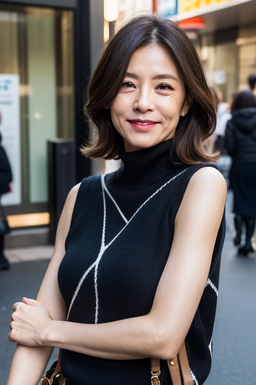 Best Quality, hight resolution, Hires, Skin definition, Detailed skin, Detailed eyes, Detailed face, 4K, 日本人A MILF, ((独奏)), (((50 years old))), (Wrinkles at the corners of the eyes:1.6), (nasolabial folds:1.3), A MILF, glamor, A sexy, Chromo-white skin, ((Wavy Longhair)), Looking at Viewer,(((my skin is old))), ((muscles are old)), (((A slender))), ((Saggy udder)), (Saggy buttocks), ((Japanese Models)), 4K, (photoRealistic:1.5), Realistic, nffsw, Beautiful, Bimbo, Perfect makeup, small diamond necklace, piercings, ((Brown coat, White turtleneck sweater, sleeveless, Argyle pattern pleated skirt, Black long boots )), ssmile, Public places,