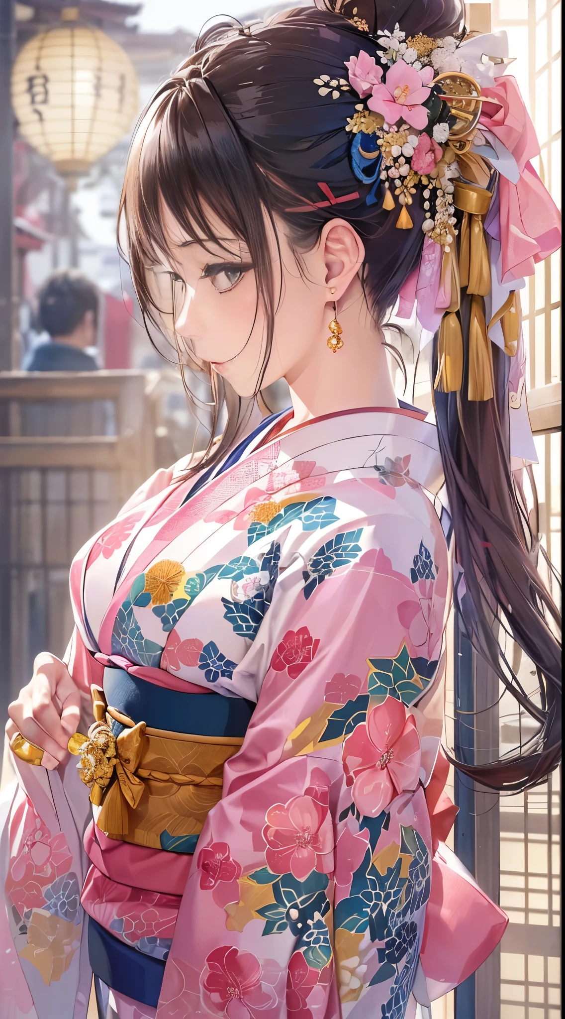 Best Quality, masutepiece, 超A high resolution, (Photorealistic:1.4), Raw photo, One bewitching woman, (age 40s),Kimono beauty with a crane pattern, gros-plan, Looking at Viewer, castle town, Farbe々Hairstyle, Hair Ornament,Beautiful photos,is beautiful,fullbody image,Smiling kindly。
