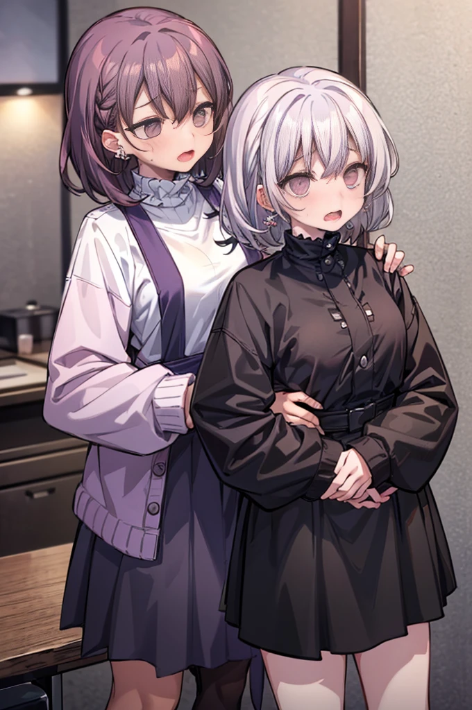 Perfect human body、2boy,2 girls、A couple、heterosexuality、 NSFW, ((actual, On the table)), (very highly detailed background、In front of the apartment), (((Stand next to the girl、Man puts his hands on girl&#39;s waist))),  Oversized white T-shirt、Leather miniskirt、鎖骨, ((woman waving)), ((perspiring,steamy,Junior))), 、Leather miniskirt、((fearful expression)), (face flushed), 大男子气概的男人Stand next to the girl、looking at viewert,