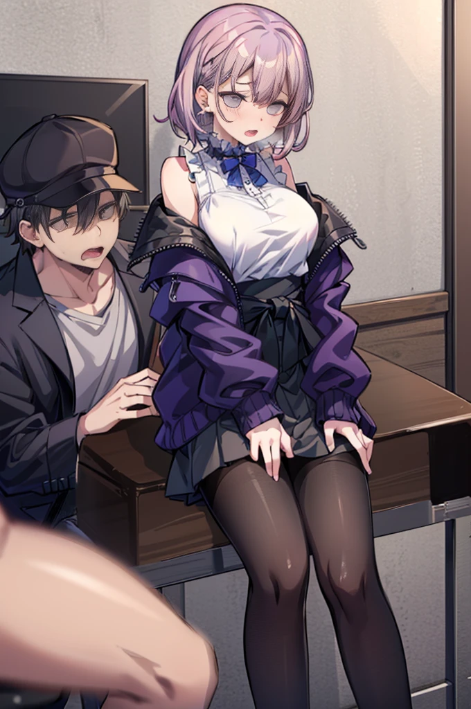 ((((half-naked)))),hardcore SEX, hotaru,dagashi kashi,ringed eyes,hairband,purple hair,blue eyes,large breasts,tsurime,evil smile,high-waist skirt,white blouse,frilled shirt,black skirt,long skirt,pantyhose,suspenders,black rose,red bowtie,,nsfw,,kotoyama,Doggystyle hair grab,sweaty,man and wife