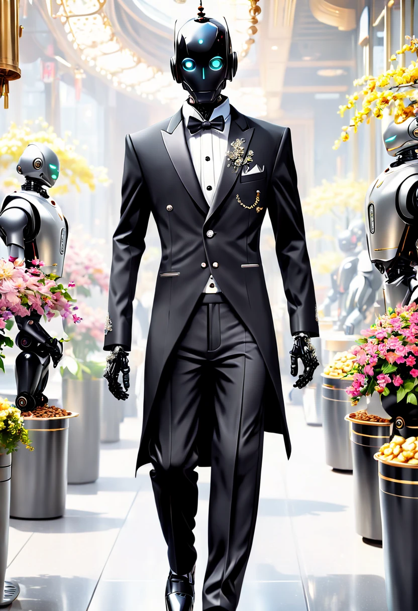 (Faraway view:1.5),(full bodyesbian:1.5),futuristic cities, (1台卓越不凡的服务Robot butler), (((Wearing a black tuxedo,Straight black trousers, The garment is decorated with silver buttons and delicate embroidery))),(head to toe,Robot butler穿着黑色金属皮鞋:1.5), The robot takes steady steps, (((handheld tray, There is a cup of fragrant coffee on it))),Robot butler, Always ready to provide the best service to the host,cyber garden background