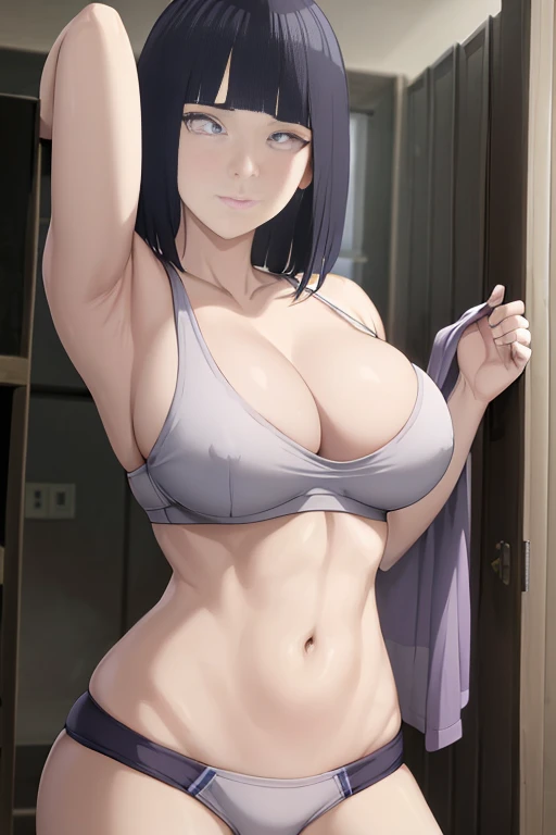 masterpiece, absurdres , (intricate details), (colorful),cinematic lighting,bust shot,extremely detailed CG unity 8k wallpaper ,hinata\(Boruto\), 1girl, solo,mature female, arm up, looking at viewer, sports bra, locker room,cowboy shot, athletic Muscle pump, body sweat glow
