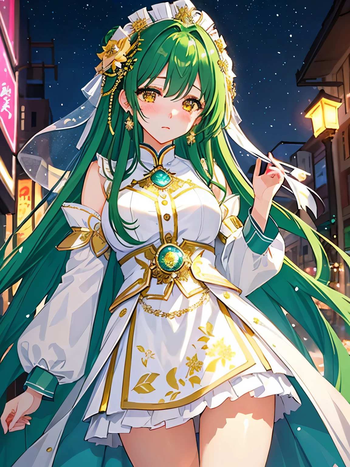 ​masterpiece、top-quality、extremely delicate and beautiful女性、full bodyesbian、extremely delicate and beautiful、Very elaborate、watching at viewers、girl with,opening legs、（green colored hair、Long、Hair splashed outside、bangss）、hyperdetailed face、A detailed eye、Hanging、sparkling yellow eyes、Red cheeks、narrow her eyes、sad Facial expression、White coat、((Night city、Street trees are decorated with illuminations))