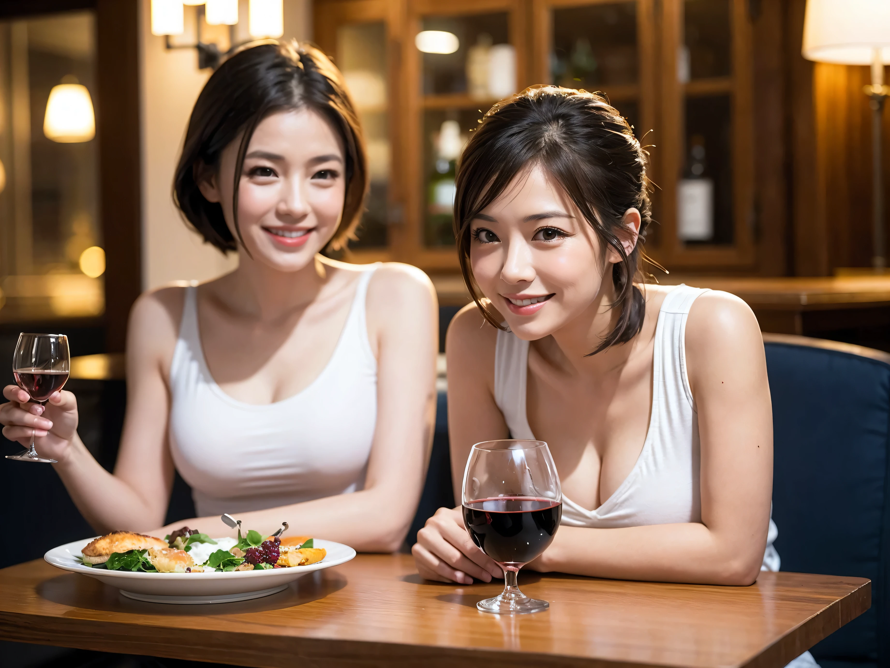 (64k uhd, nffsw, of the highest quality, masutepiece: 1.2), (Realistic, Photorealistic: 1.37), Pretty Woman 1, (Slim Face), (slimボティ), (Brown hair), (short-cut), Americana、Frenchman、cheeks blush a little, (40 years old), 38 years, Solo, A beautiful and detailed night view spreads out outside the window........., restaurant, wine glassesに座って, At night, In a prominent place (from waist up) NovaFrogStyle, actress, Model, waist-up, white wine, slim, wine glasses, Super clean night view, 真ん中に置かれたwine glasses, Happy smile, (Smile: 1.15), Beautiful fine eyes, Upper body, Bust Japan Up, Night, Short, Short, actress, Model, waist-up, white wine, slim, wine glasses, Super clean night view, 真ん中に置かれたwine glasses, Happy smile,