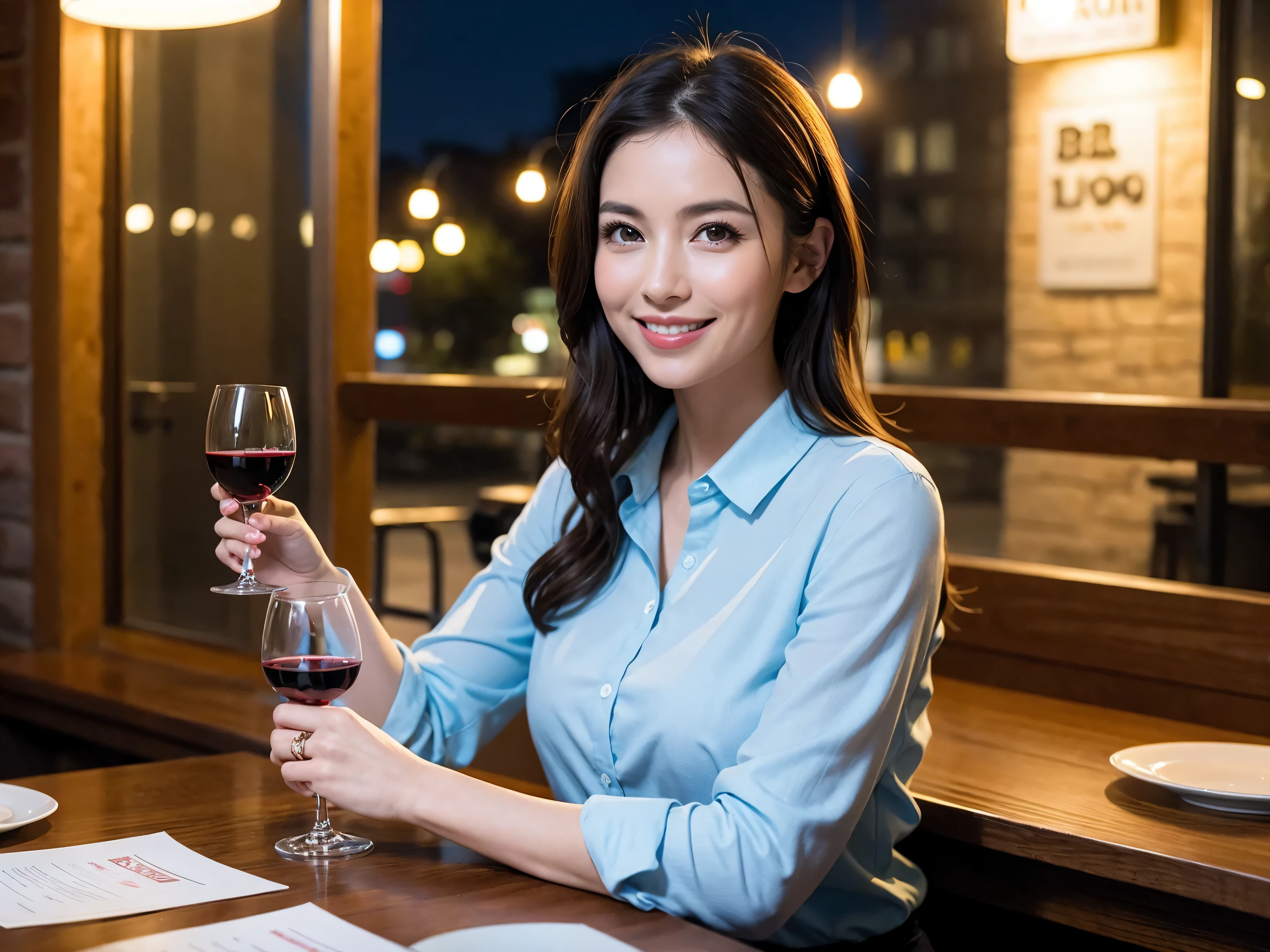 (64k uhd, nffsw, of the highest quality, masutepiece: 1.2), (Realistic, Photorealistic: 1.37), Pretty Woman 1, (Slim Face), (slimボティ), (Brown hair), (short-cut), Italian、Dutchman、Americana、Frenchman、cheeks blush a little, (40 years old), 38 years, Solo, A beautiful and detailed night view spreads out outside the window.........., restaurant, wine glassesに座って, At night, In a prominent place (from waist up) NovaFrogStyle, actress, Model, waist-up, white wine, slim, wine glasses, Super clean night view, 真ん中に置かれたwine glasses, Happy smile, (Smile: 1.15), Beautiful fine eyes, Upper body, Bust Japan Up, Night, Short, Short, actress, Model, waist-up, white wine, slim, wine glasses, Super clean night view, 真ん中に置かれたwine glasses, Happy smile,